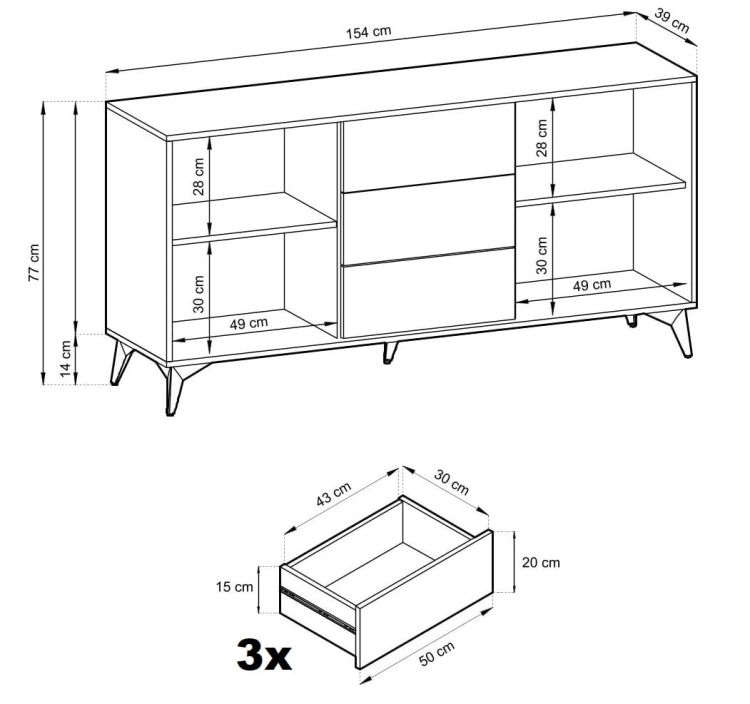 Dwudrzwiowa komoda z szufladami ALBERO - wymiary
