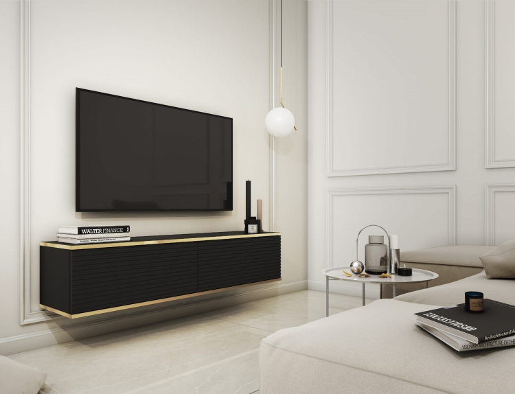 Szafka rtv OZO 135cm - czarna ryflowana ranzacja